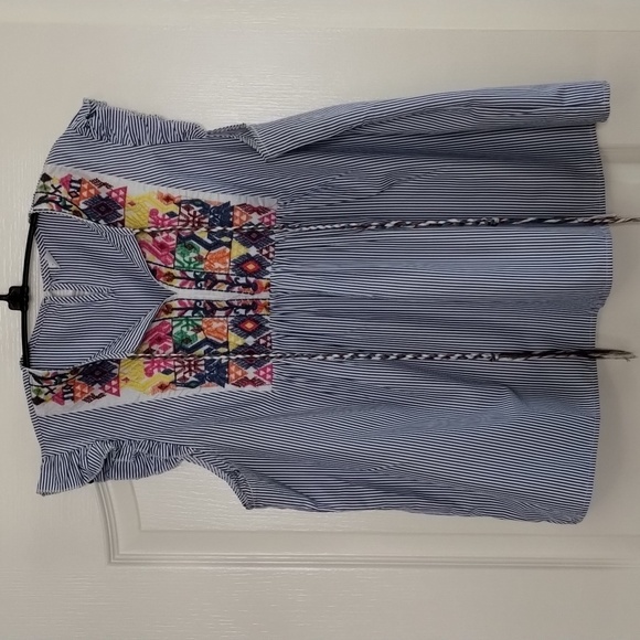 None Tops - Blue white peasant blouse top striped embroidered boho size XL unbranded